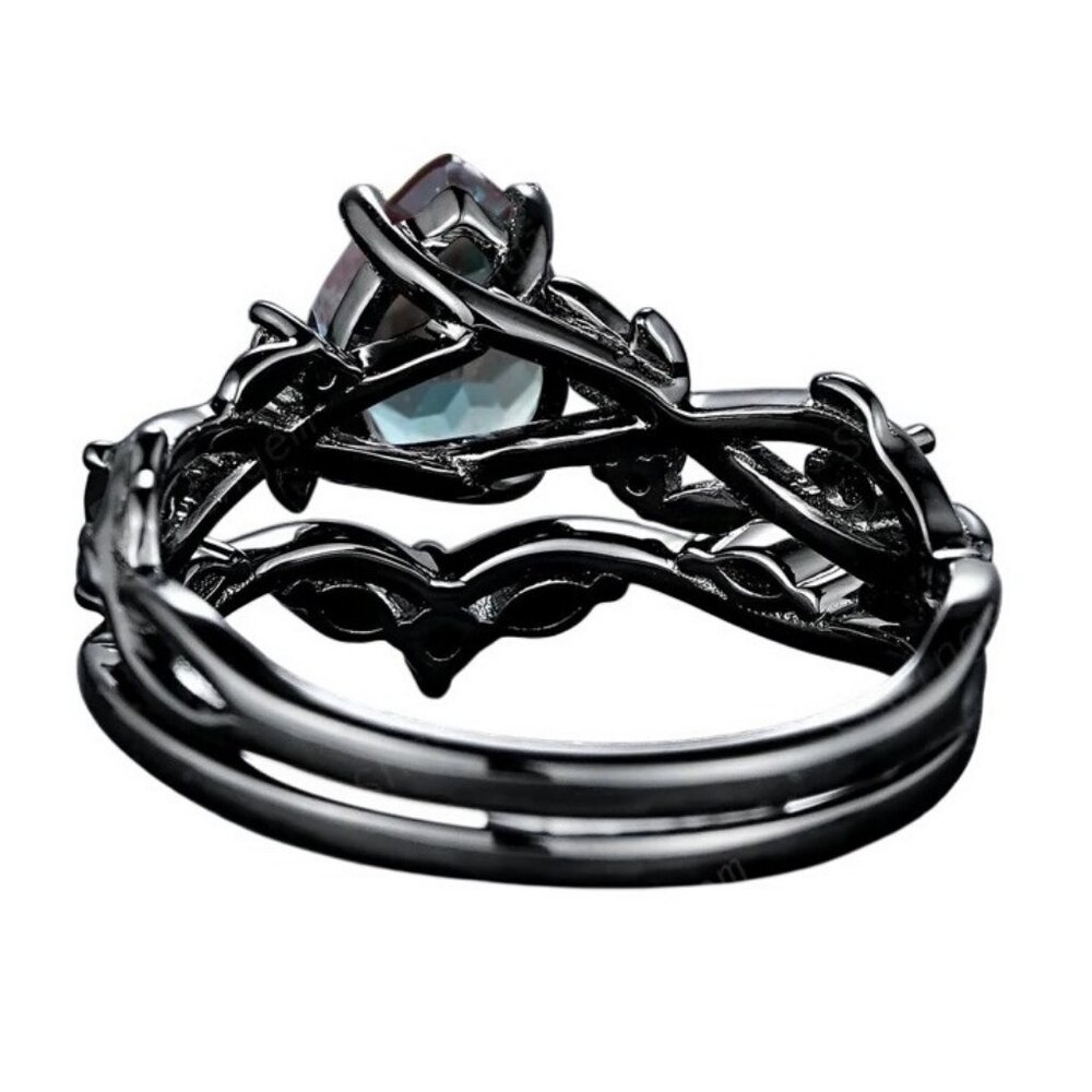 Pear Cut Alexandrite & Moissanite 2 piece Bridal Wedding engagement ring Rhodium - Picture 6 of 8